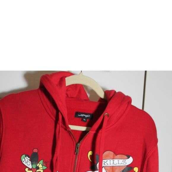 Ed Hardy Red Fleece Love Kills Slowly Zip Front Crop Hoodie sz XL - Picture 4 of 4